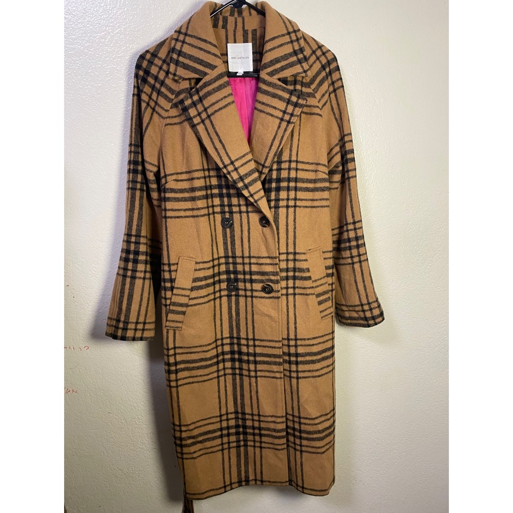 Avec Les Filles Womens Plaid Double Breasted Trench Coat Camel Pink Lining M